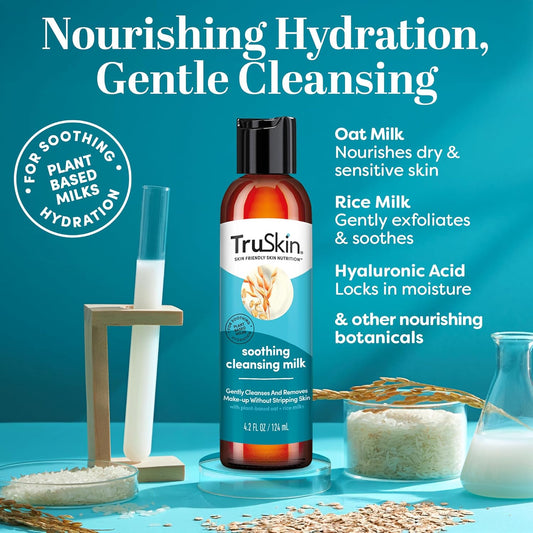 Soothing Cleansing Milk for Face – Gentle Facial Cleanser for Sensitive Skin with Plant-Based Rice & Oat Milk plus Hyaluronic Acid - Gently Removes Make-Up without Stripping Skin, 4.2 Fl Oz